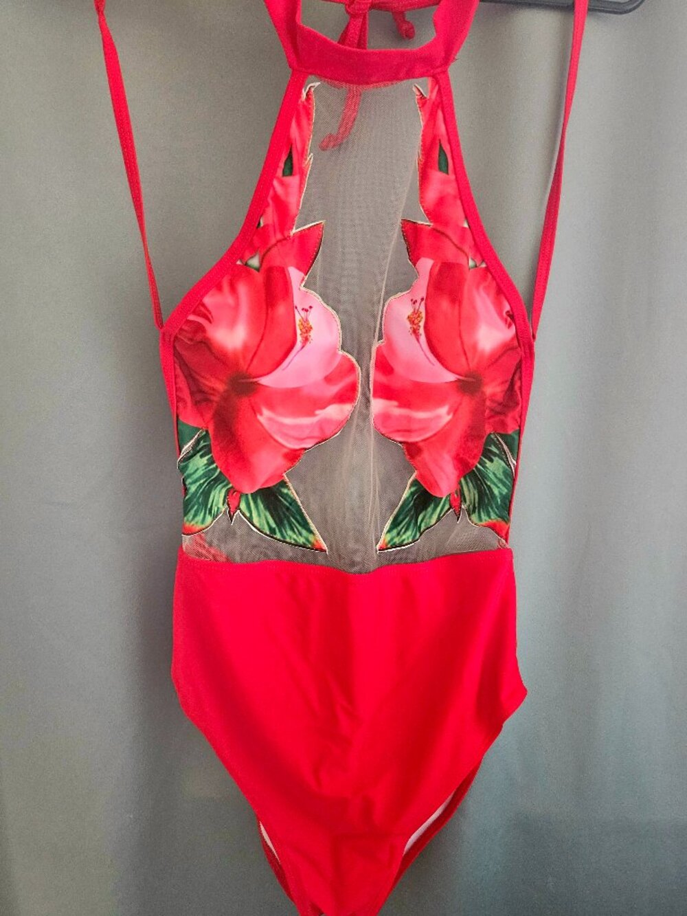 NWOT Tropical Red Halter Floral Applique Sheer Neckline Swimsuit Size M